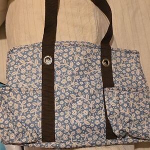 Thirty-One Blue Floral Tote with Brown Straps